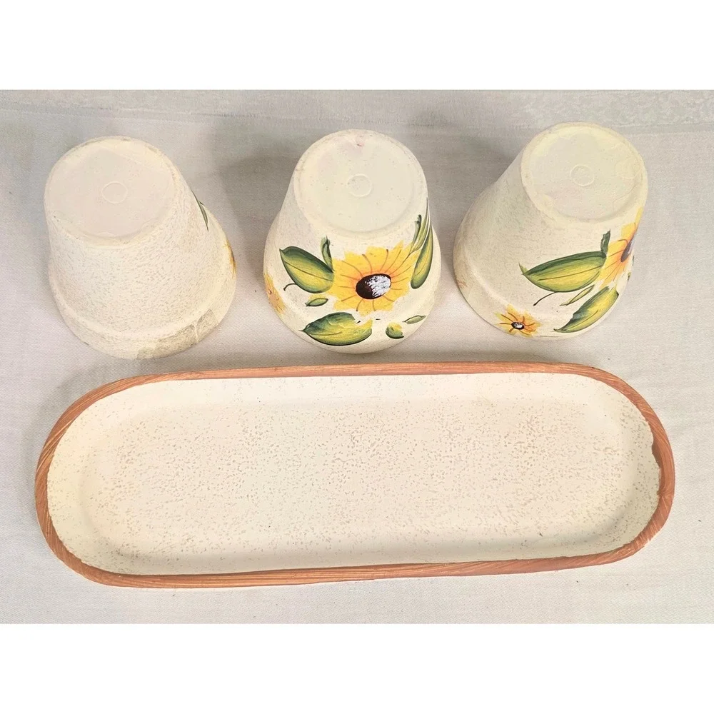 Sunflower Ceramic Planter Set 3 Pots with‎ Tray Herb Garden Cream Yellow